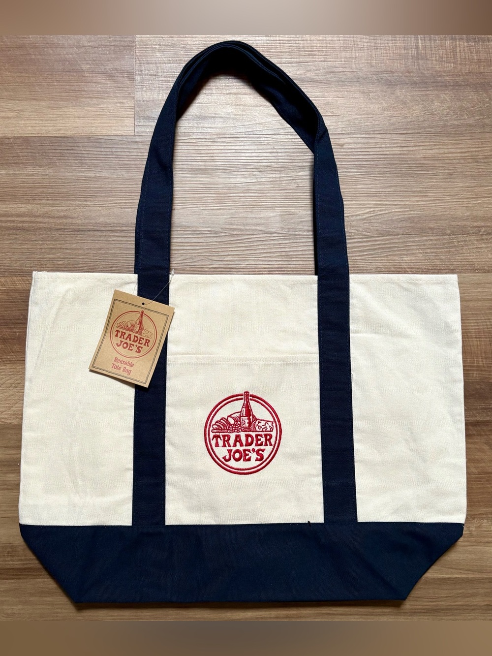Trader Joe's LARGE NWT Heavy Canvas Reusable Shopping Tote Off White Navy